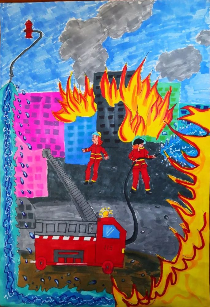 涪陵区第七小学校(兴涪校区)一年级一班 绘画:消防安全 人人有责
