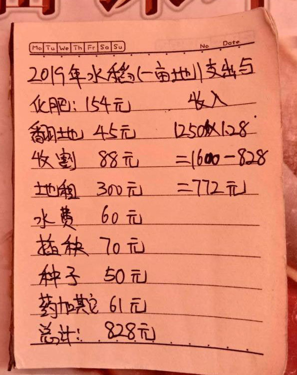 上图的账单就是这位农民手写的一亩地收支情况,账单显示这位农民种地