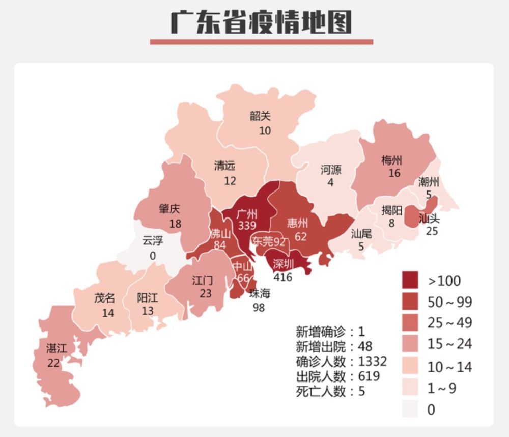 截至2月19日24时,广东省疫情地图,云浮市确诊病例为0.