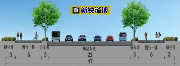 (2)横断面设计采用一块板道路横断面,慢行交通一体化交通模式,断面