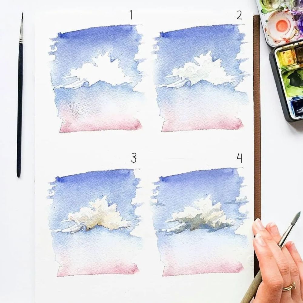 4个步骤教你画出天空白云水彩画!