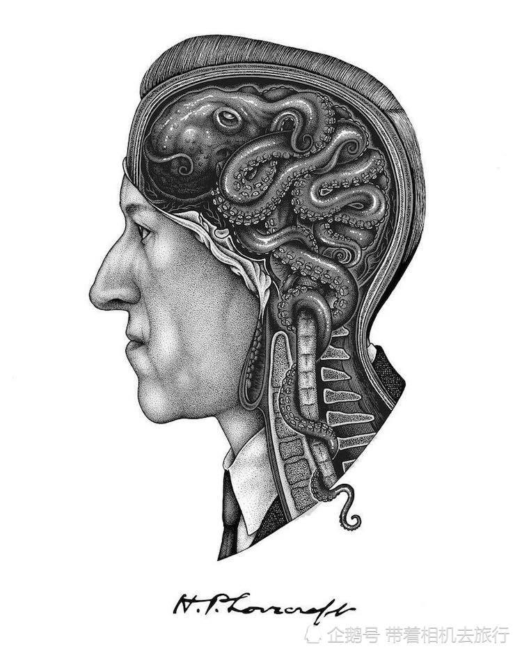 例如,有一幅图显示了一个人头部的横截面,一只章鱼代替了他的大脑.