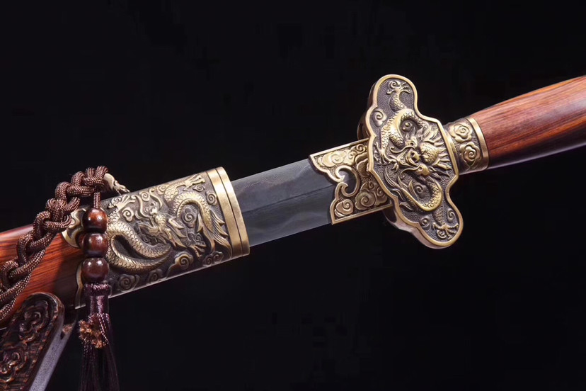 清剑-龙凤剑,手工古法锻造608花纹钢覆土烧刃研磨,酸枝木剑鞘