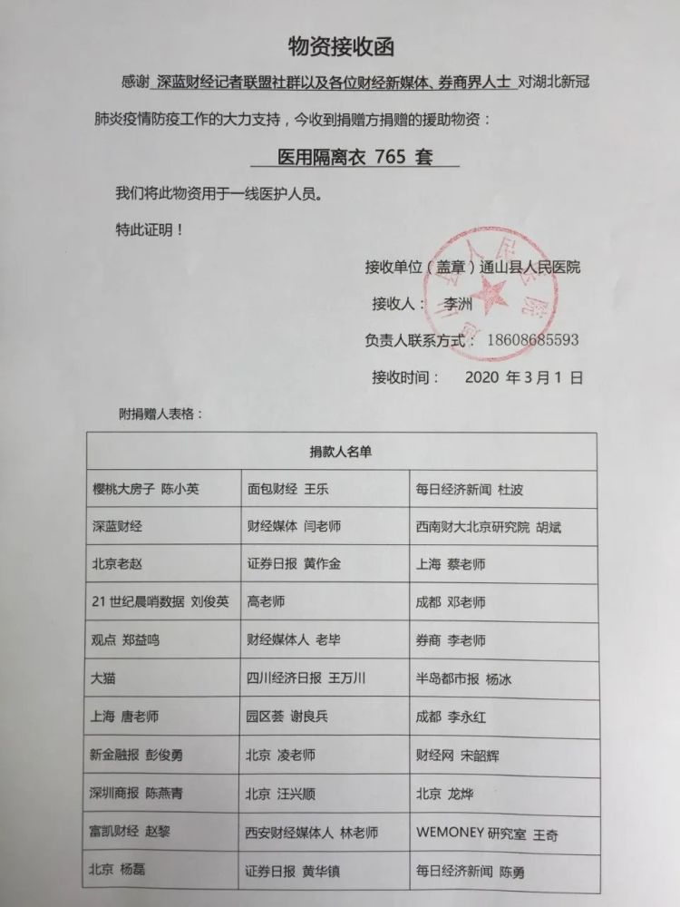 3月1日,通山县人民医院接收人给我们发来了物资接收函,并对深蓝财经