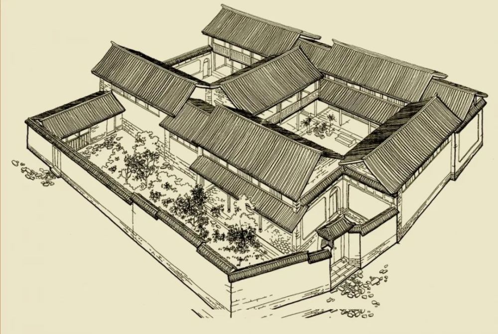 (三坊一照壁院落透视图)