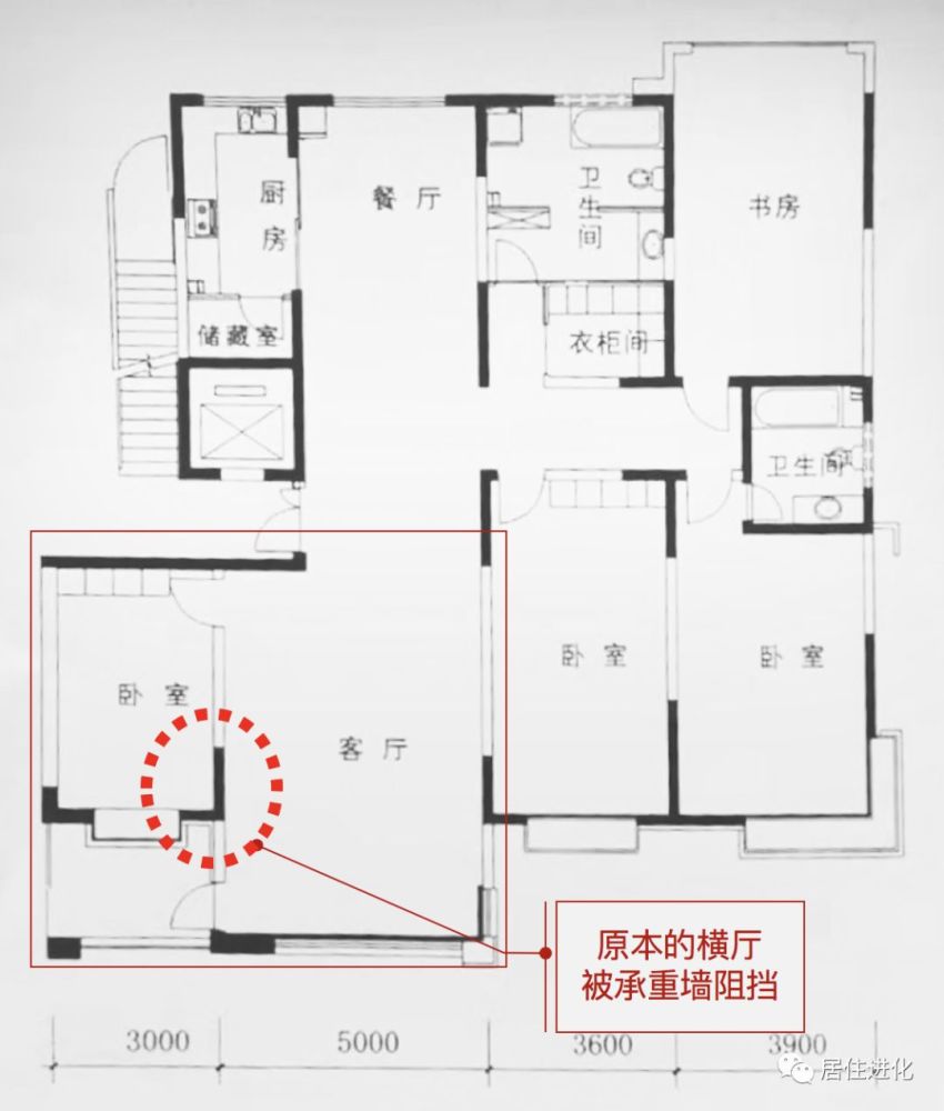 咱们今天这个户型案例,就非常典型 这种承重墙遮