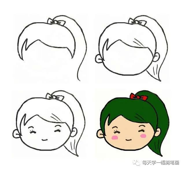 画出小女孩的头发; 2.画出脸部轮廓和耳朵; 3.加上五官; 4.涂上颜色.