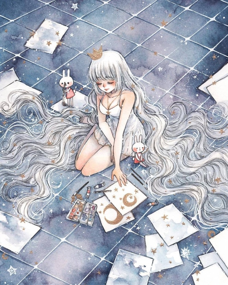 温柔的星星少女插画,微弱的星光也会绽放光芒,梦幻唯美