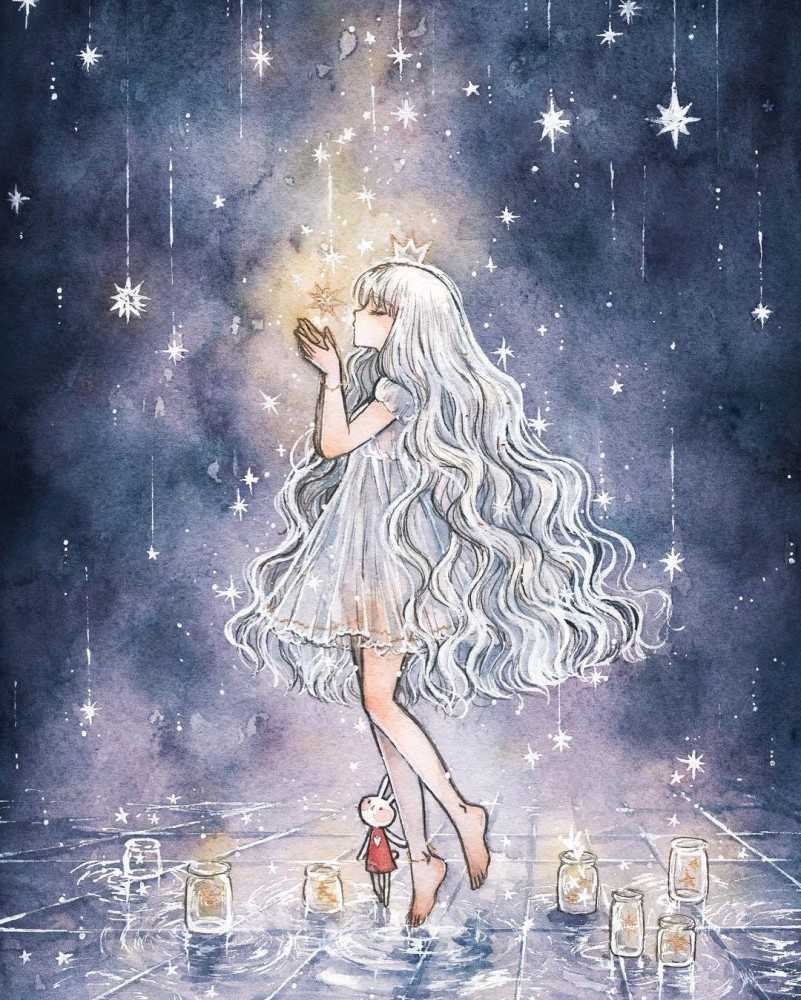 温柔的星星少女插画,微弱的星光也会绽放光芒,梦幻唯美