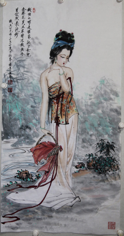 展现出秀水之美,巧夺天工的仕女图,赵禧年国画作品欣赏