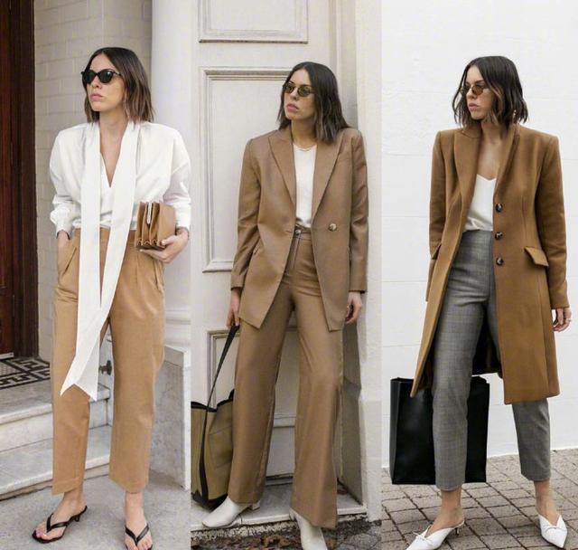 她选择的棕色衣服,不论是大衣还是西装,线条都非常简单,甚至带着一种