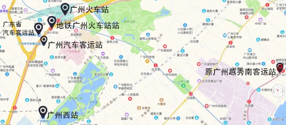 广州西站,以及已经消失的越秀南客运站和广九火车站密集分布