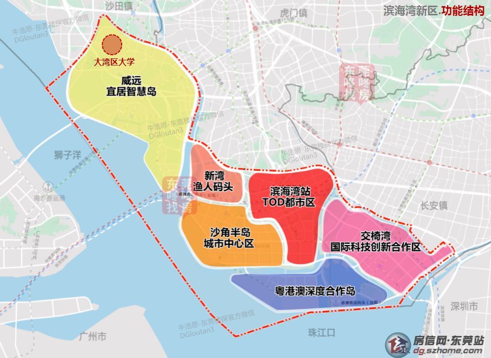 威远岛目前分为三大功能区: 1 )国际交流合作与科创智慧区:谋划大湾区