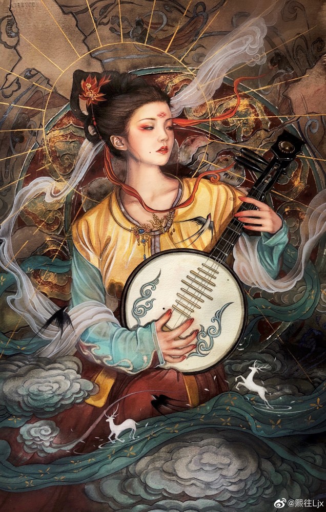 古风水彩插画:你用一纸画笔,惊艳吾之须臾