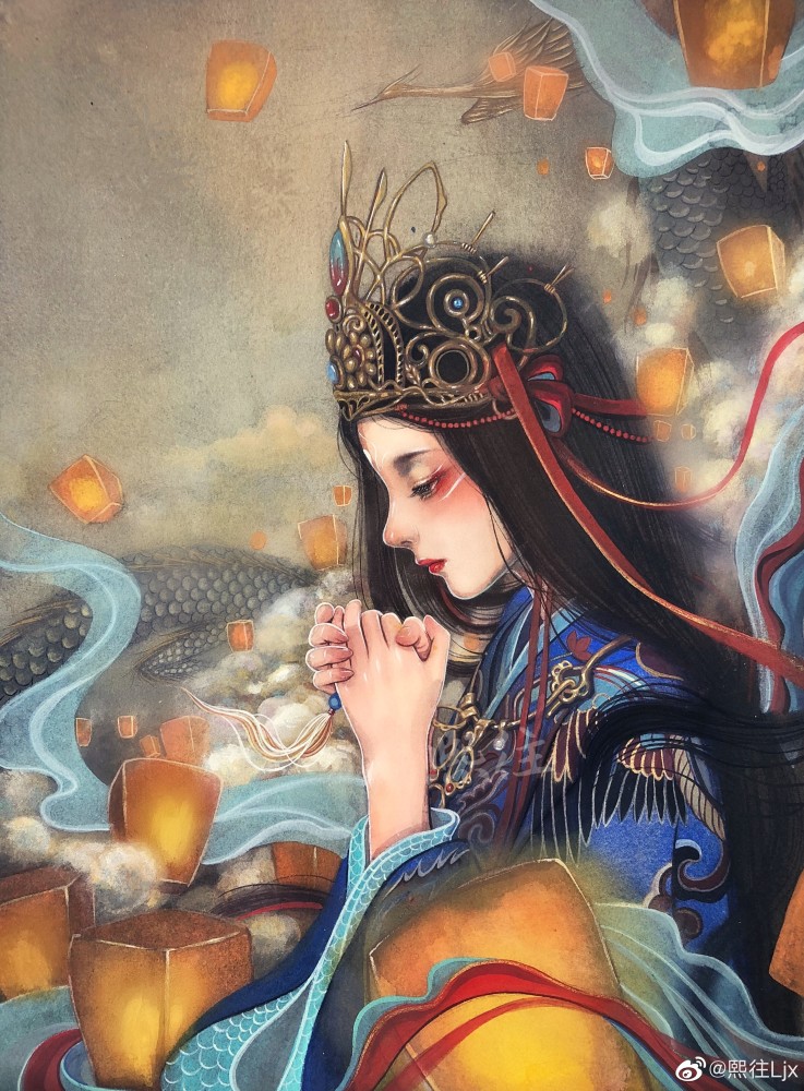 古风水彩插画:你用一纸画笔,惊艳吾之须臾