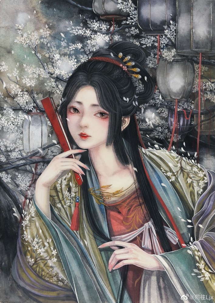 古风水彩插画:你用一纸画笔,惊艳吾之须臾