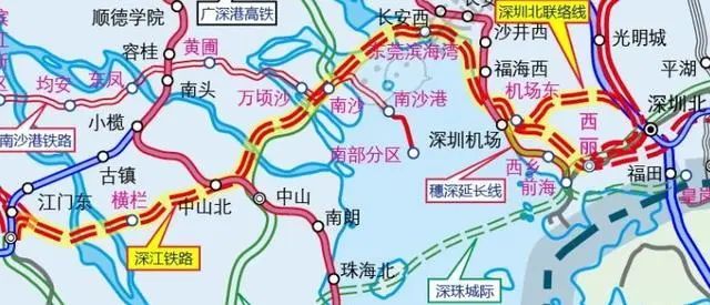 线路自深圳枢纽西丽站引出,向西以隧道经深圳机场后,经东莞市,在虎门