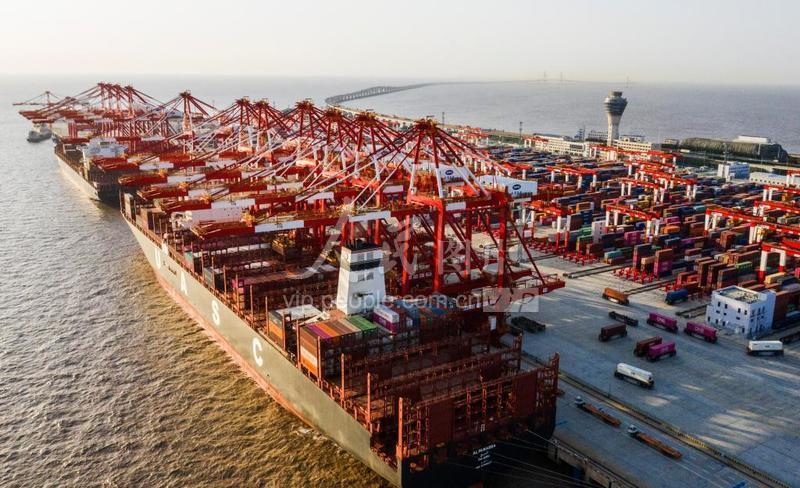 2020年3月20日,上海洋山港自动化码头停泊着多艘超大型集装箱船,卡车