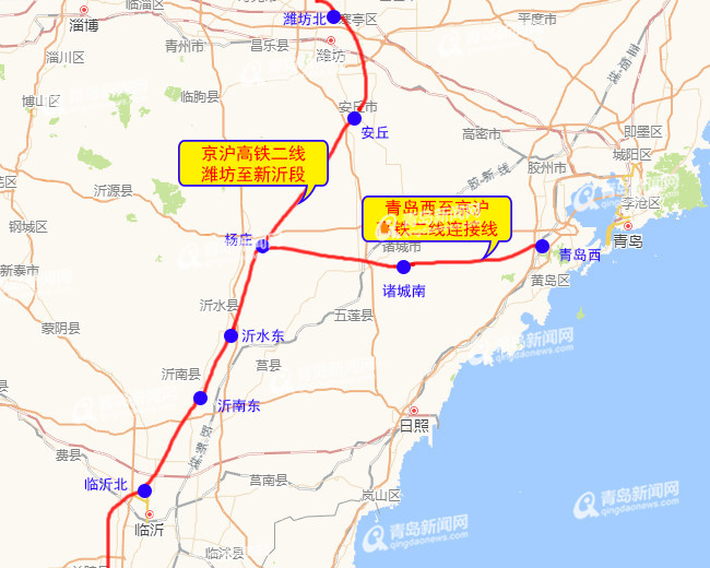 青岛西接入京沪高铁二线线路示意图.