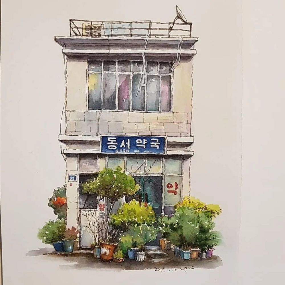 韩国风建筑水彩画,作品仿佛能感受到春天的气息般,爱了爱了