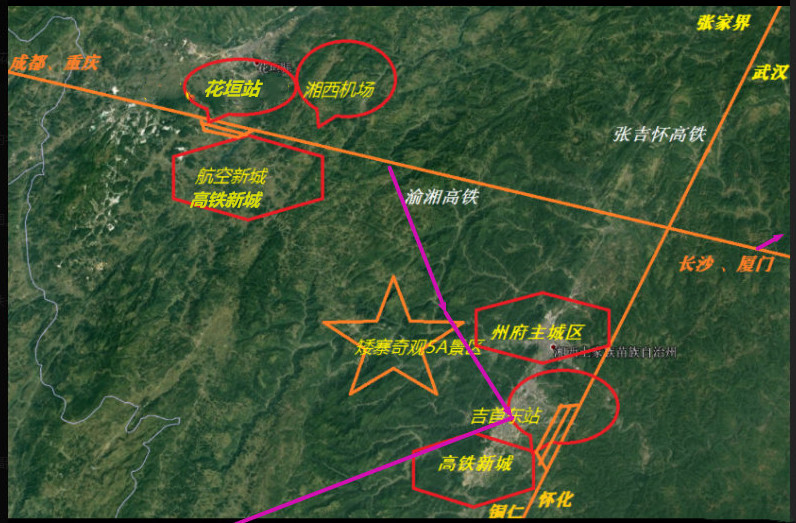 渝湘高铁以 联络线形式引入吉首东站,远期预留正线至 长沙方向延伸