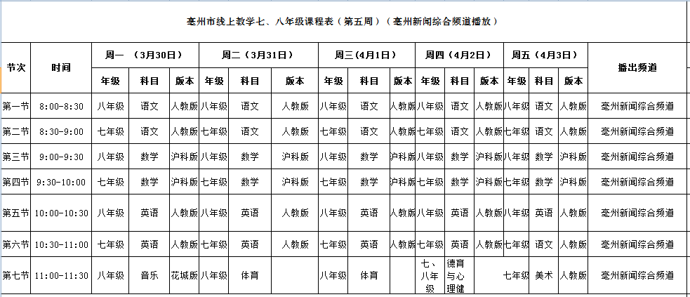 蒙城中小学生:你下周的课程表来了!