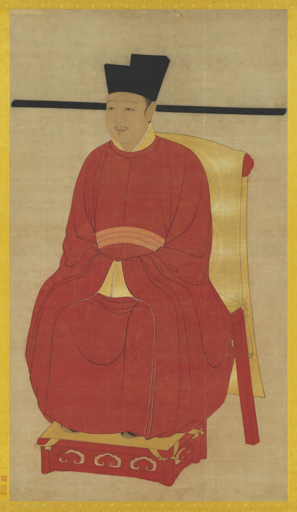 本幅画徽宗赵佶(1082-1135)微须,身着圆领朱衫,头戴黑纱幞头,足蹬