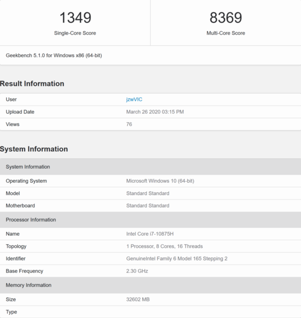 酷睿i7-10875h现身geekbench 5跑分库 8核16线程,性能