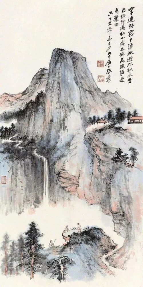 中国画张大千观瀑图,经典画作