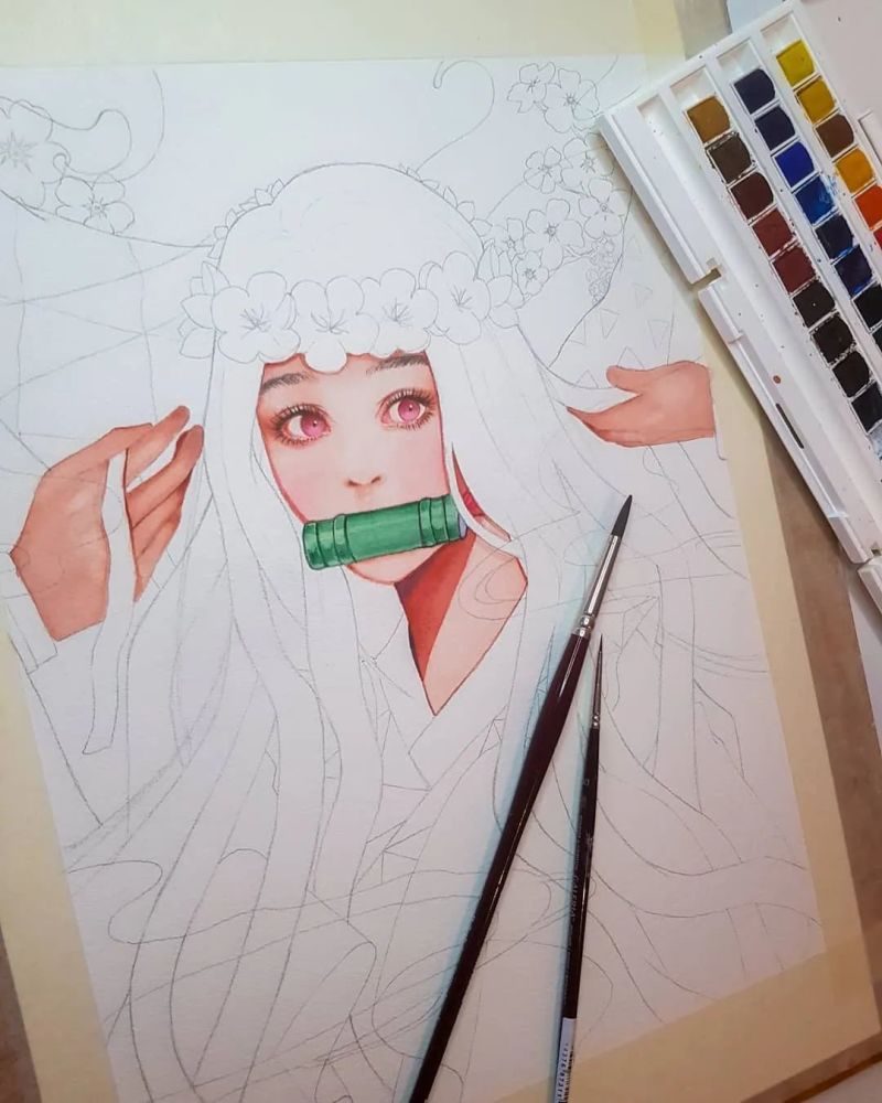 美少女插画水彩人物脸部头发上色太美了