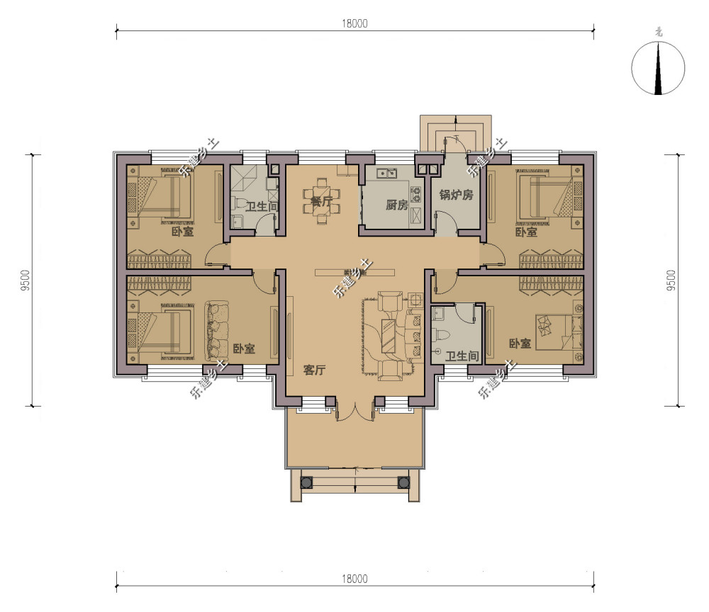 内蒙古刘宅一层18x12米欧式别墅设计,大阳光房,美观实用!