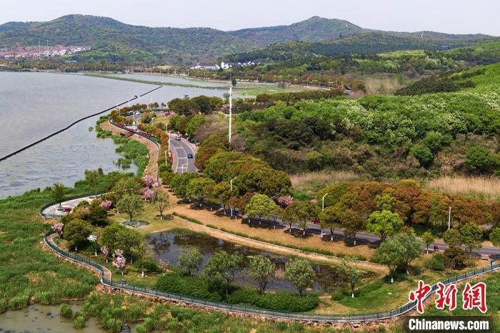 航拍江苏常州太湖湾湖光山色春日图景