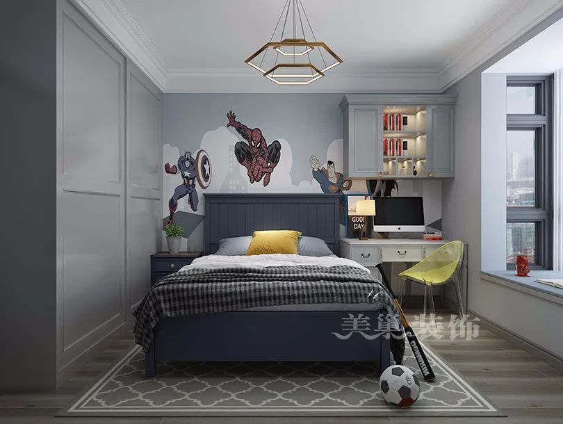 男孩房卧室,书桌书架与床榻背景墙形成一个很好的协调