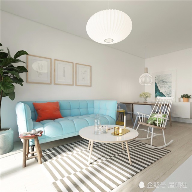 白色搭配搭配莫兰迪低饱和度色系的沙发,简约图案的地毯,能极好的打造