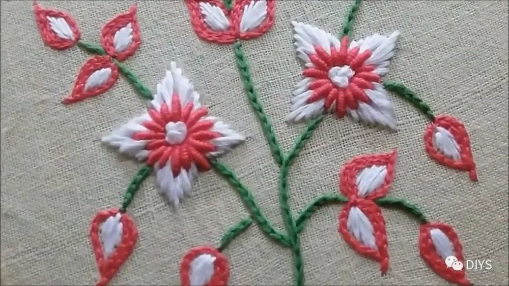 用链针和长短针刺绣花朵图案的方法,步骤详细,难度3颗星,简单又漂亮!