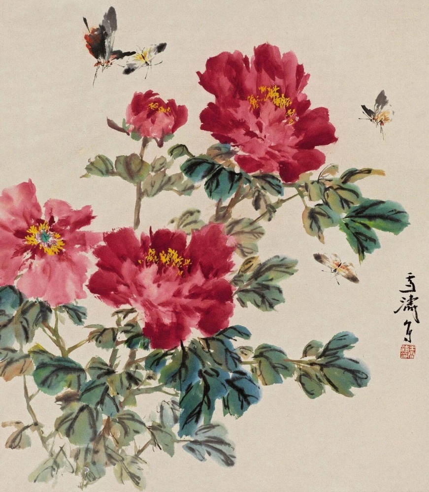 中国现代著名小写意花鸟画家王雪涛牡丹图作品欣赏.