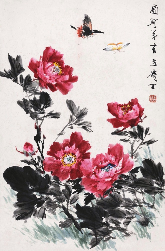 中国现代著名小写意花鸟画家王雪涛牡丹图作品欣赏.