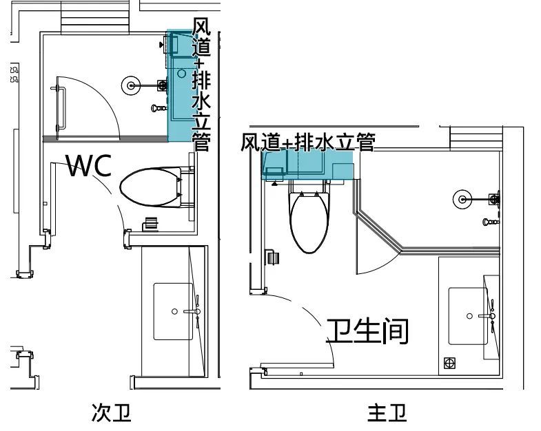 分别被设计在淋浴房背后,马桶背后,十分节省空间