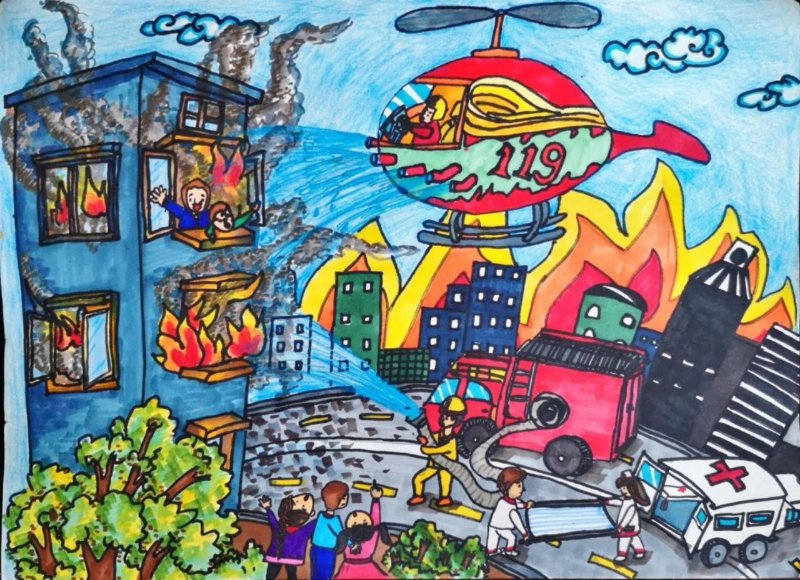 潍坊少年儿童绘制消防绘画 培养防火防灾的安全意识