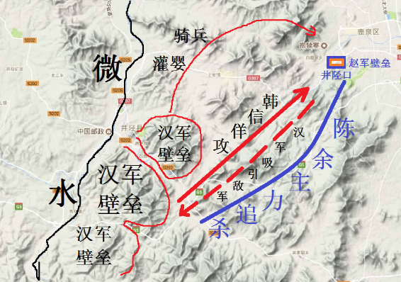 摆开阵型; 译文:韩信就派出万人为先头部队,出了井陉口,背靠着河水摆