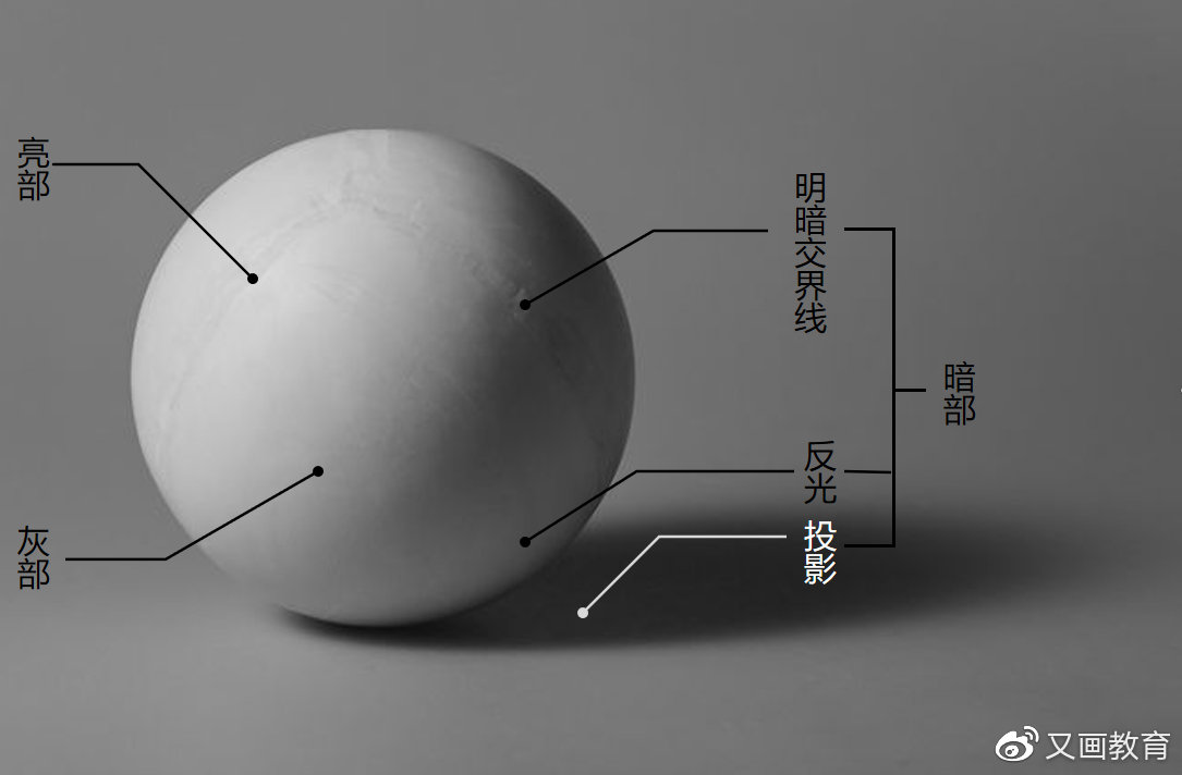 二,五大调子 五大调子是三大面的详细拆分,也是素描教学中的专业术语