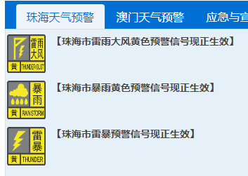 雷雨大风,黄色预警信号,雷暴,珠海