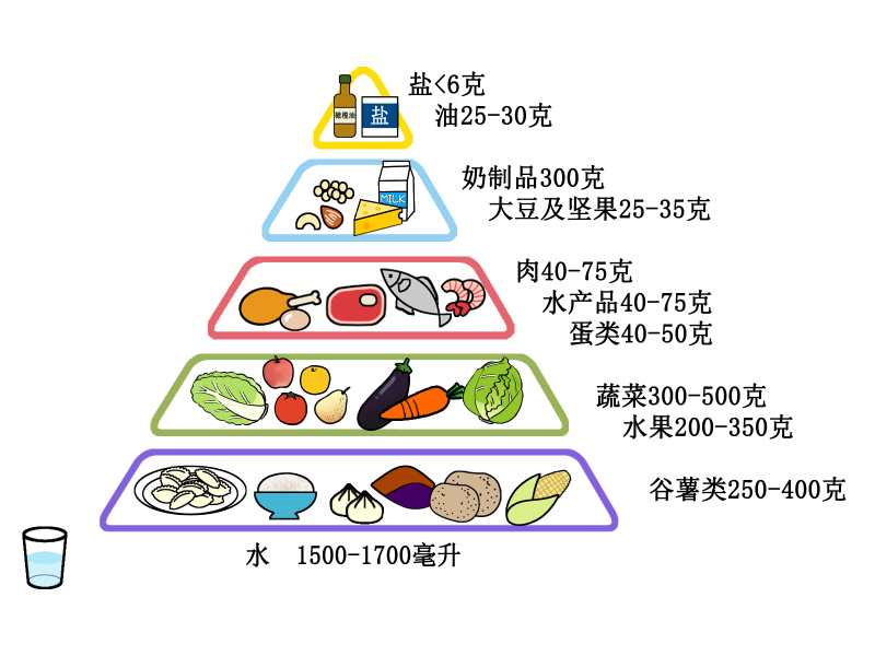 建议每天摄取五大类食物:粮谷薯类,动物性食物类,豆及豆制品类,蔬菜