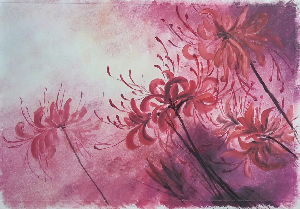 刀画,油画,彼岸花,曼珠沙华,蝴蝶
