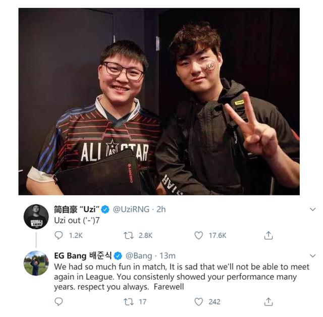 uzi退役引发海外选手热议,mayumi哭了,bang:永远尊敬你