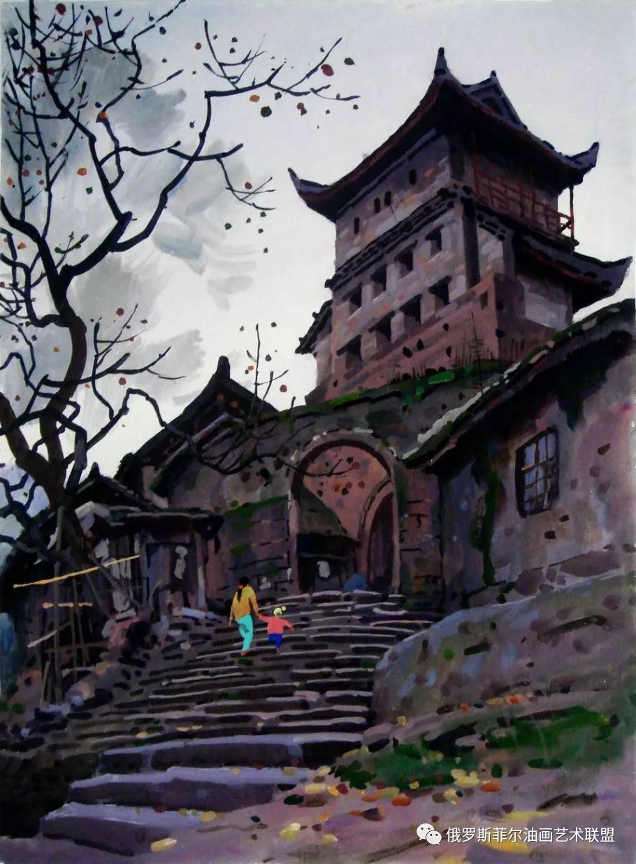 水粉写生《湘西凤凰古城》(1990)