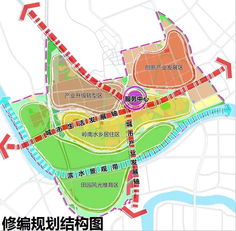 打造功能复合的生活服务中心;一带即沿顺德支流打造一条滨水景观带