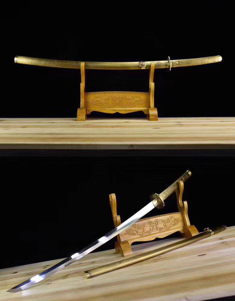 铜鞘武士刀-神鹤佐木,高锰钢手工一体锻造,全包铜鞘