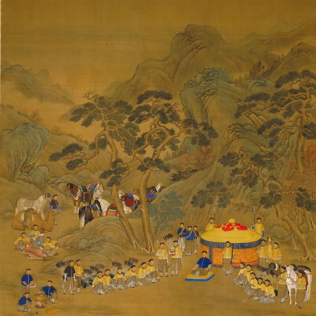 今天给大家介绍清朝郎世宁的《乾隆皇帝围猎聚餐图》轴,收藏于北京