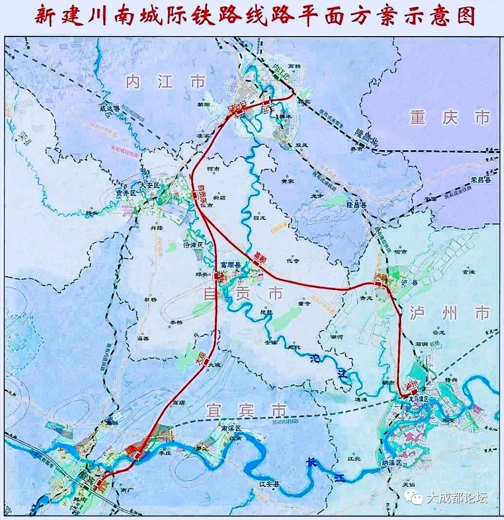 新建川南城际铁路线路平面方案示意图,包括内自泸段和